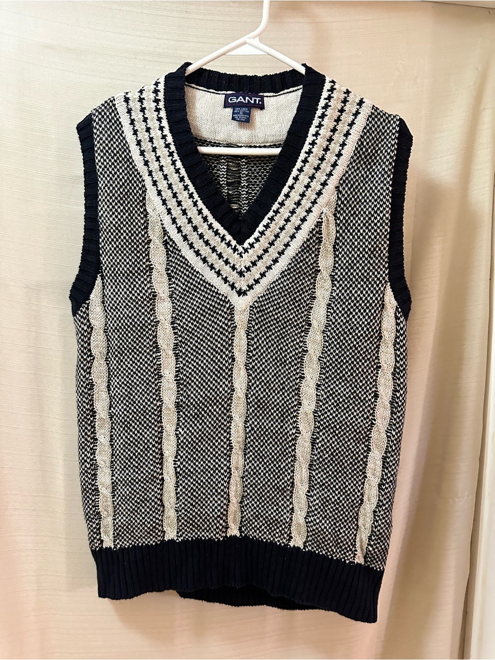 Vintage GANT Men’s Linen Cotton Cable Knit Sweater Vest V Neck 90s Medium
